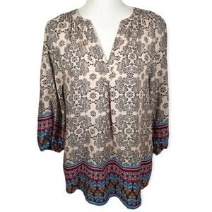 BEACH LUNCH LOUNGE BOHO-INSPIRED CREAM & BLUE BLOUSE SZ.S EUC